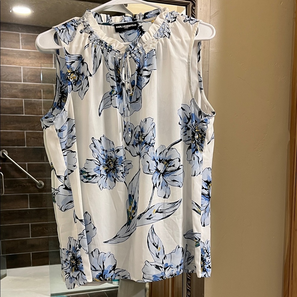 Karl Lagerfeld Floral Blouse - White and Blue Large